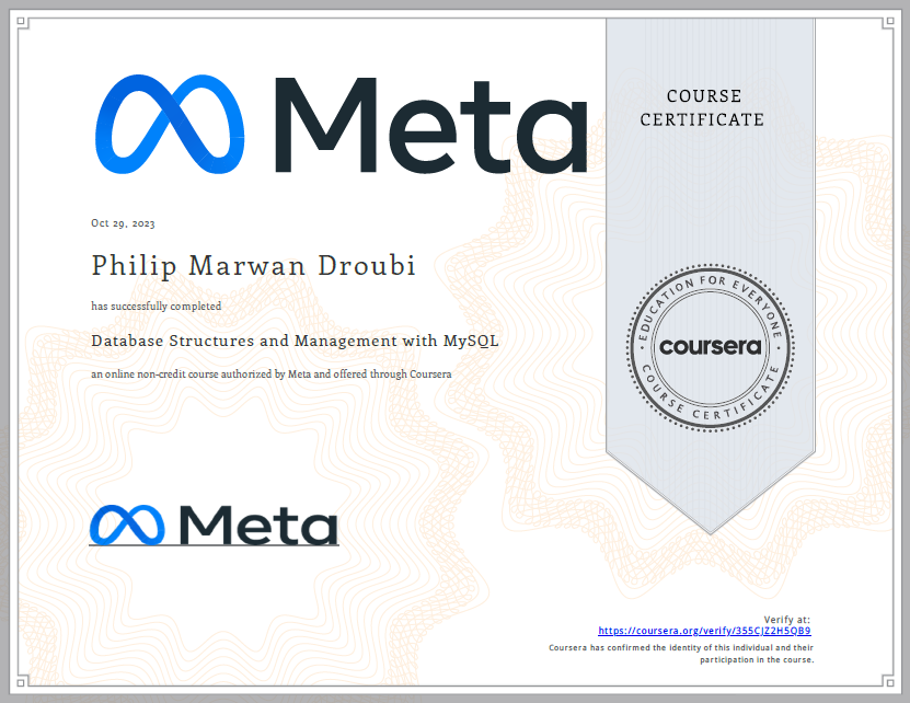 Corsera Meta Databases Structures and Management with MySQL course certificate