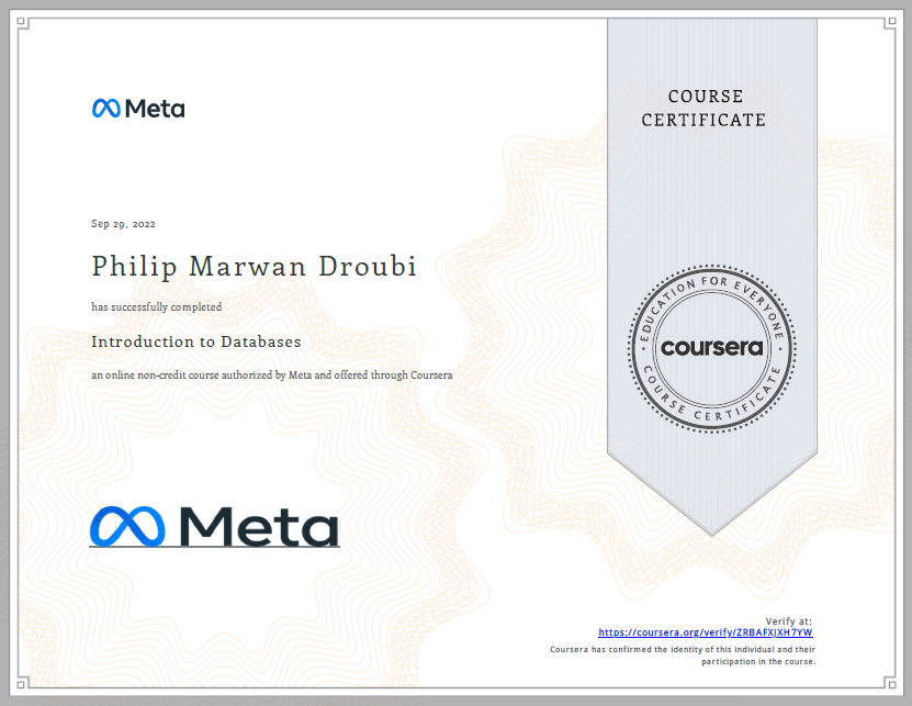 Coursera Meta intro to DB completing certificate