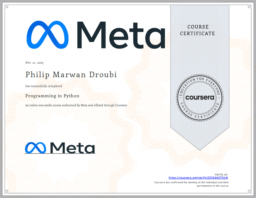 Corsera Meta Python course certificate