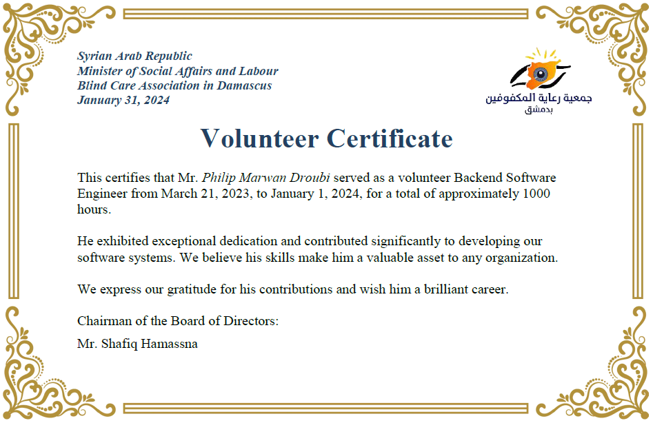blind Care Assosiation in damscuse volunteer certificate