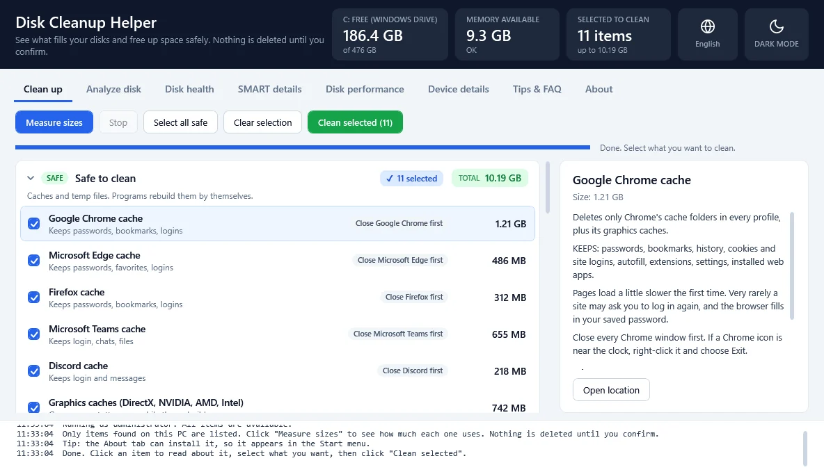 The Clean up tab: cleanup items grouped by safety, each with its size