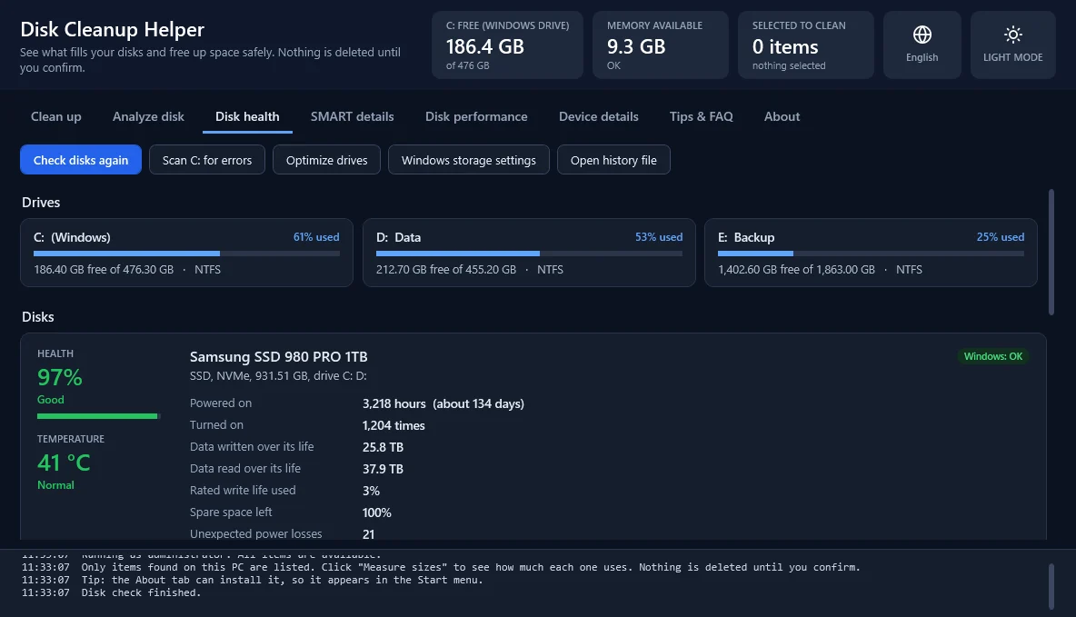 The Disk health tab: how full each drive is, and each disk's health, temperature and lifetime data