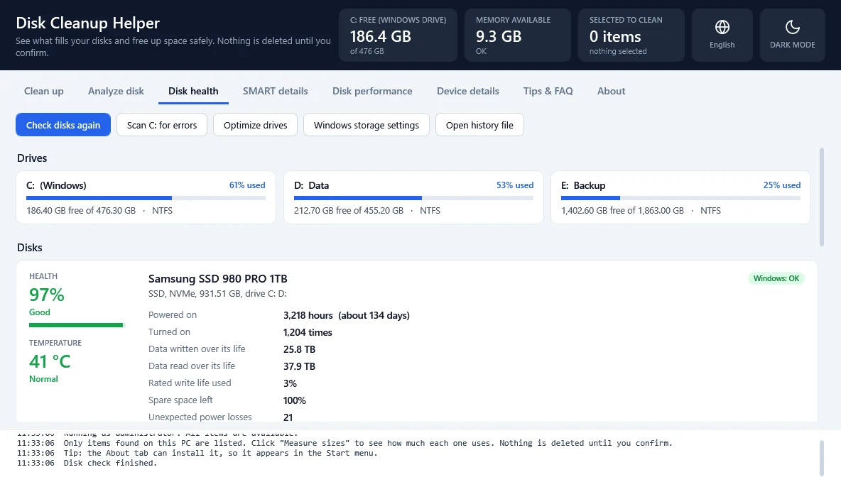 The Disk health tab: how full each drive is, and each disk's health, temperature and lifetime data
